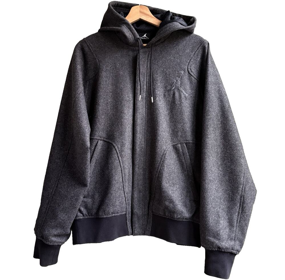 Nike Jordan Jumpman Wool‎ Blend Hooded Varsity Jacket Bomber Snap Black Gray M